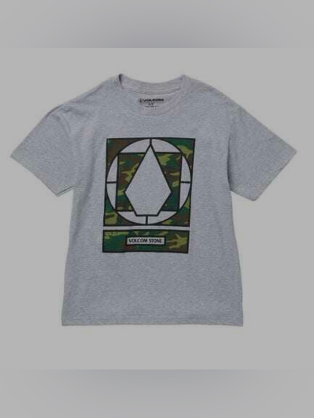 Volcom Boys' Heather Gray Graphic Tee with Camo Stone Logo Size M/M